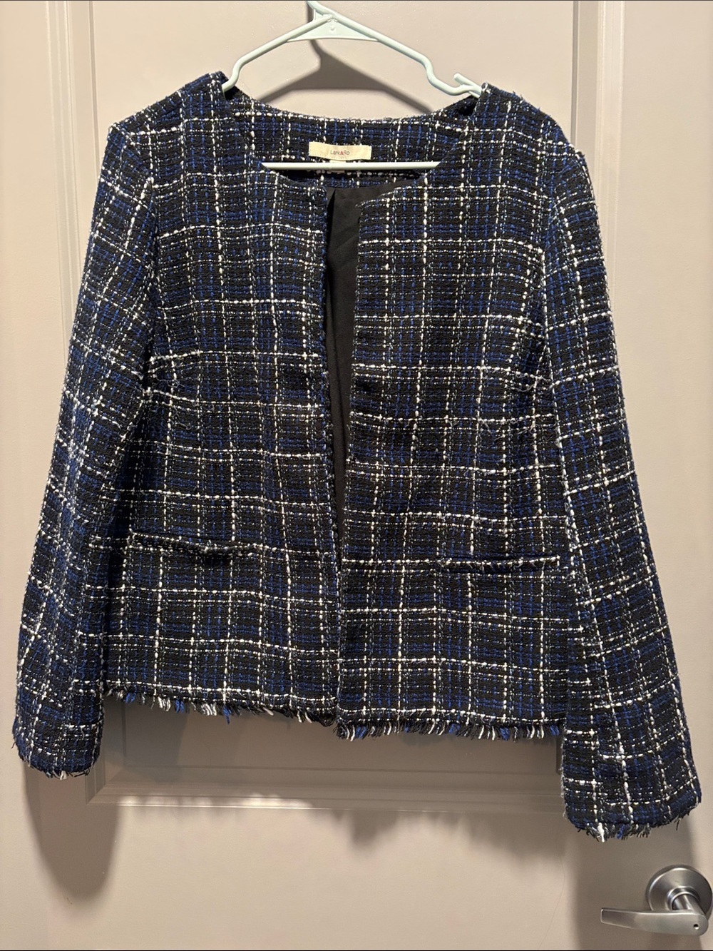 Lark & Ro Navy Black Tweed Plaid Fringe Open Front Jacket Blazer XL